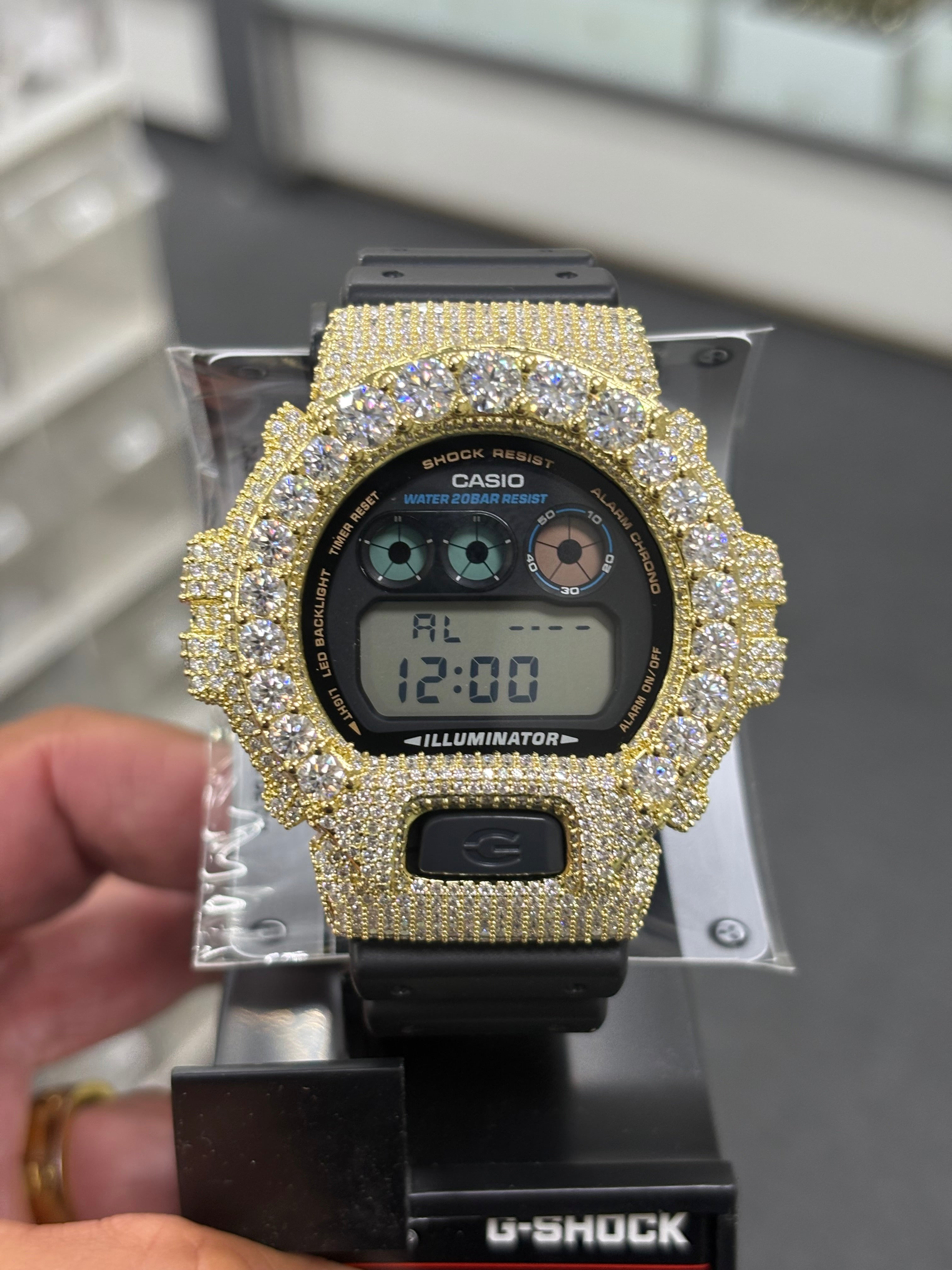 Large bezel gold g shock moissanite watch