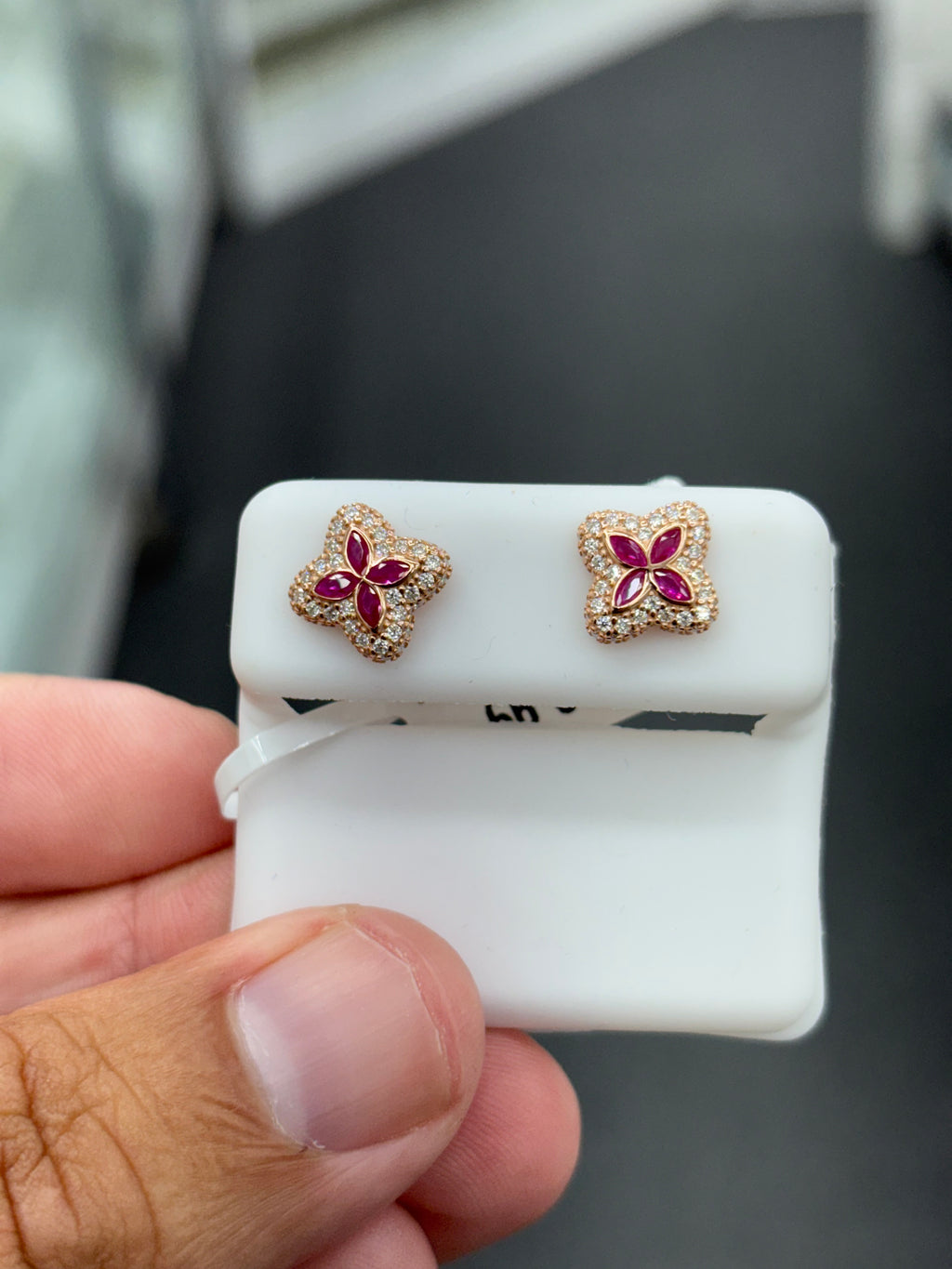 Rose ruby red flower earrings